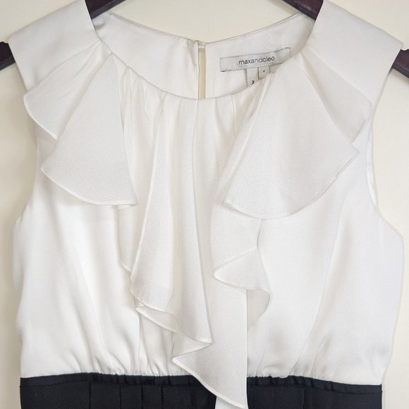 Max and Cleo Sleeveless Dress Sheath Polka Dot Ruffle Empire Waist Black Sz 4 - Picture 3 of 12